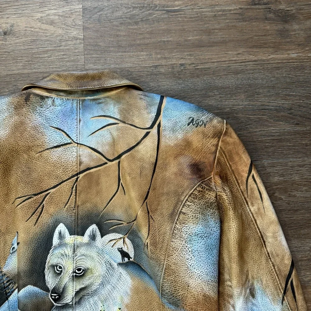 VTG Hand Painted Wolf Alaska Nature Brown Faux Leather Jacket Tagged Size XL - Picture 8 of 9